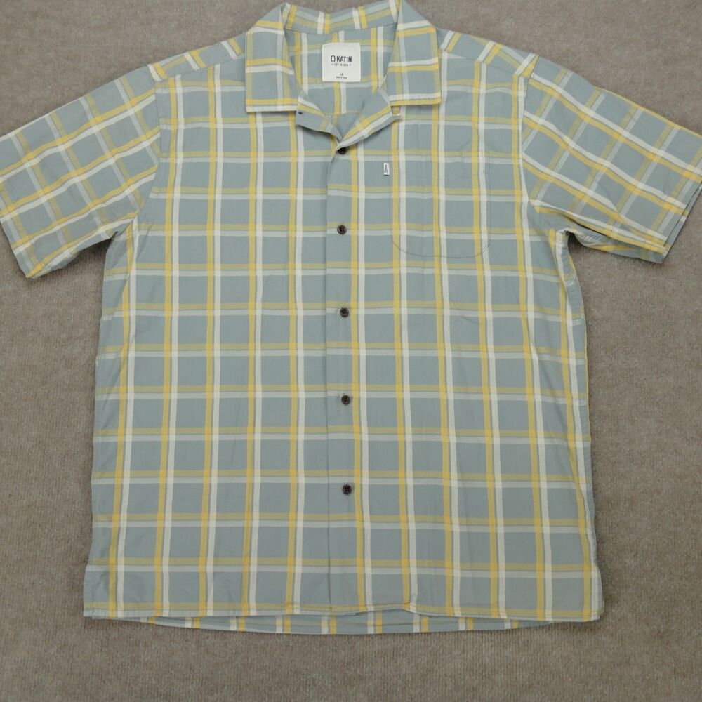 Katin Shirt Mens Large Gray Yellow Plaid Short Sleeve Camp Shirt Loop Collar